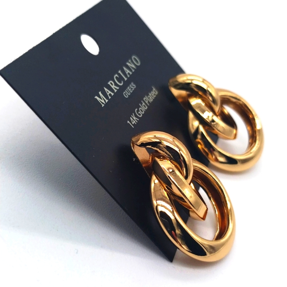 $50 Marciano by Guess 14K Gold Plated Dangle Statement Luxury Tri Hoop Earrings - Picture 3 of 4